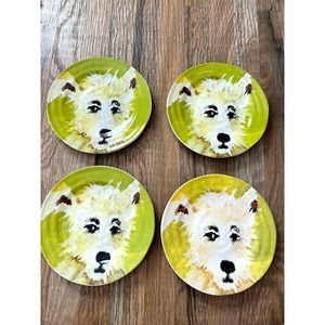 Anthropologie Furry Friends Carole Akins Dog Chipper Dessert Plate Set of Four 4